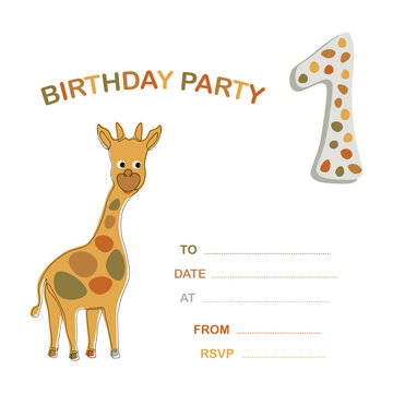 Invitation with giraffe in beautiful style on white background, 1 year.