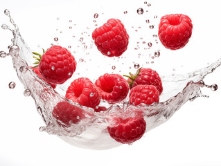 Raspberry splash into the water on white background