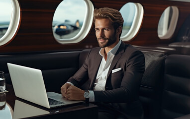 Fototapeta na wymiar Handsome businessman sits at his desk in his luxury superjet and looks at a laptop