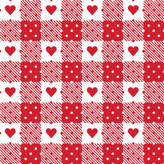 Red and white check vector seamless pattern, tartan plaid geometric design with hearts for Valentines' day napkins, tablecloth and for Christmas holiday designs