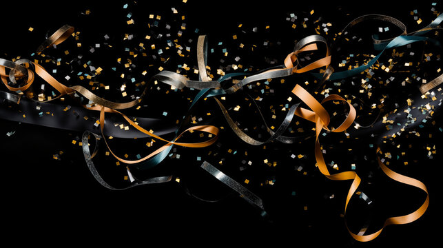 a image of new years celebration, confettie, streamers, on a black background