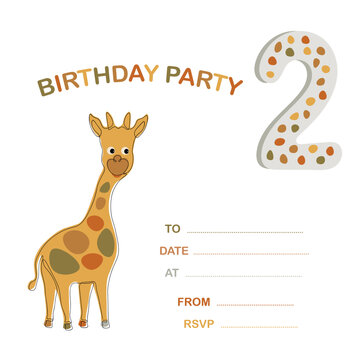 Cute birthday party invitation with giraffe. 2 years.