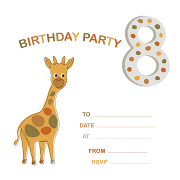 Cute design template with invitation with giraffe on white background for decorative design, 8 years.