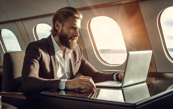 Handsome businessman sits at his desk in his luxury superjet and looks at a laptop
