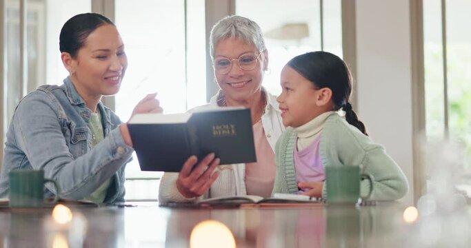 Family, kid and reading Bible for christian education, religion teacher and mom or girl learning of God at home. Senior woman, grandmother and child with holy book, talking and support with faith
