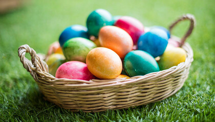 Fototapeta na wymiar Colorful Easter eggs nestled in vibrant grass against a soft, green-blurred background, symbolizing spring, renewal, and celebration