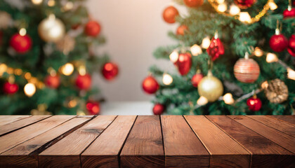 Fototapeta na wymiar Empty wooden table with festive Christmas background, ready for holiday gatherings or seasonal decorations