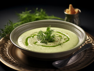A creamy green vegetable soup garnished with fresh herbs and drizzled with herb oil, served in a bowl on a decorative plate