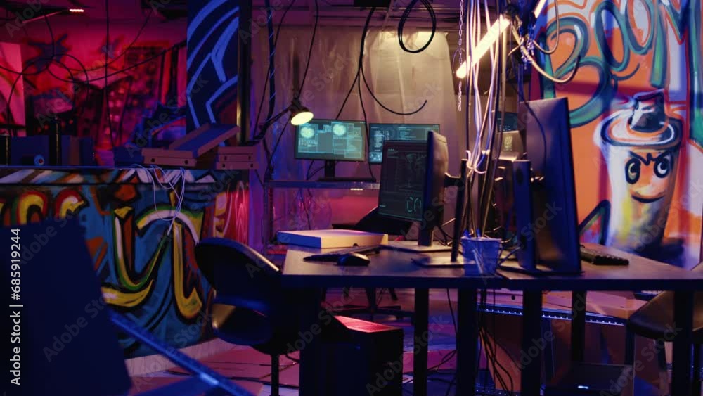 Poster dolly out shot of empty messy hackers base of operations with neon lights and graffiti drawings spra