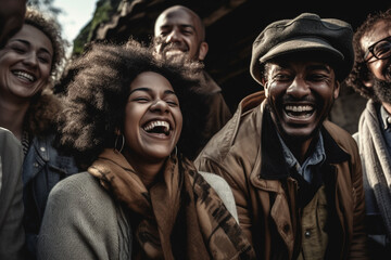 A group of people of different nationalities laughing. Different ages nationalities having fun together, having good time together laughing smiling. Enjoyment, relaxation respect peace. - obrazy, fototapety, plakaty