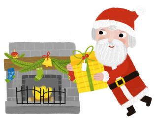 cartoon happy christmas scene with decorated warm fireplace chimney with presents and santa claus illustration for children