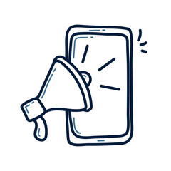Hand drawn megaphone with smartphone doodle line illustration. Megaphone doodle icon. Digital marketing.