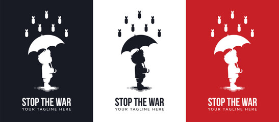 Stop the war text with a silhouette illustration of Children protecting themselves from rain bombs using an umbrella. Sign icon vector Illustration of World War crisis isolated on black background. - obrazy, fototapety, plakaty