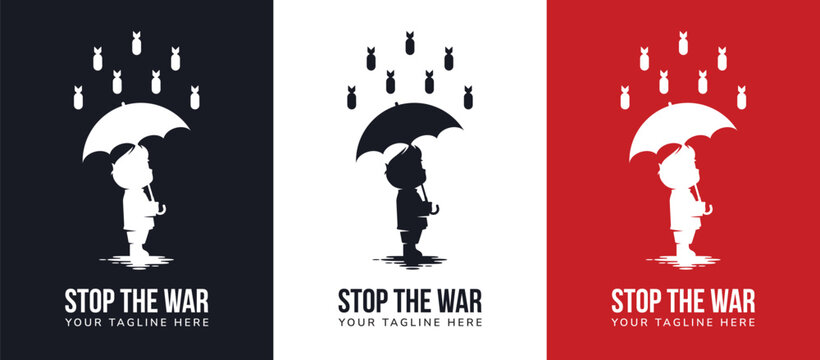 Stop the war text with a silhouette illustration of Children protecting themselves from rain bombs using an umbrella. Sign icon vector Illustration of World War crisis isolated on black background.