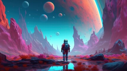 Astronaut on the background of the planet. Science fiction. Sci-fi Concept. Space. Universe Concept. Other Planets.