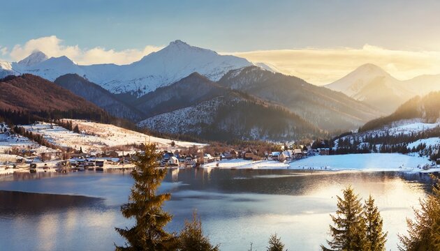 village in the mountains, snow and trees at last evening sunlight with lake on foreground; picturesque travel background; panoramic image