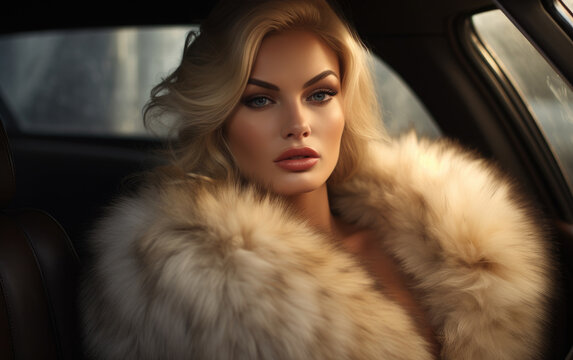 Beautiful woman sits in the seat of a car wearing a sable fur coat. Elegant luxury style