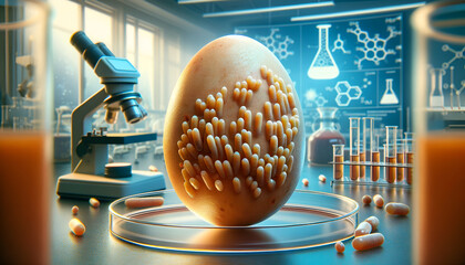 An egg amid lab instruments, visually representing microbial research and food safety