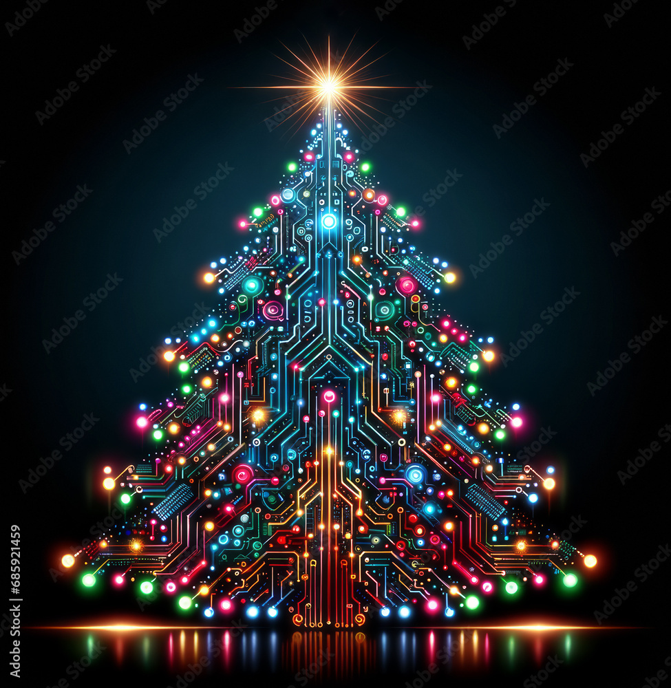 Poster a vibrant circuit board in the shape of a christmas tree with colorful nodes and pathways and bright