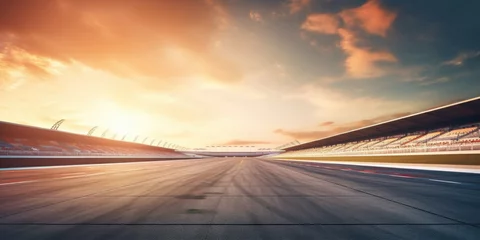 Selbstklebende Fototapeten F1 race track circuit road with motion blur and grandstand stadium for Formula One racing © Summit Art Creations