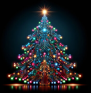 A vibrant circuit board in the shape of a Christmas tree with colorful nodes and pathways and bright star on top over dark background