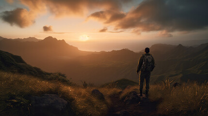 Obraz premium Man in hiking gear on top of mountain looking into the sunset. Concept of Summit Achievement, Nature's Majesty, and the Triumph of Personal Endeavor.