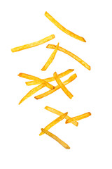 French fries falling isolated on white background.