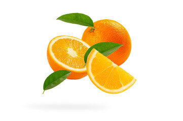 Orange with half and leaves isolated on white background.