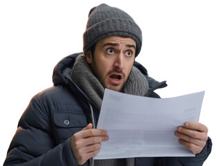 Surprised man reading a document, astonished shock, ideal for advertising unexpected electrical bills or shocking news in finance and personal life.  Cost of heating