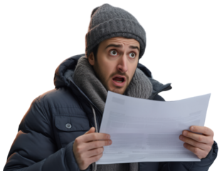 Surprised man reading a document, astonished shock, ideal for advertising unexpected electrical bills or shocking news in finance and personal life.  Cost of heating