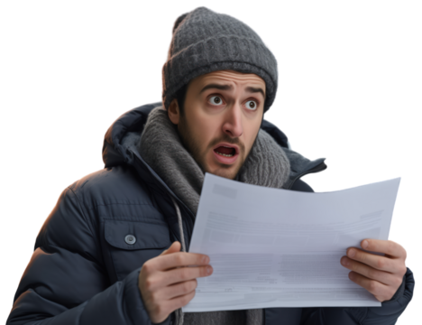Surprised man reading a document, astonished shock, ideal for advertising unexpected electrical bills or shocking news in finance and personal life. Cost of heating