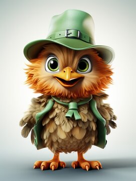 A cartoon owl wearing a green hat and green scarf