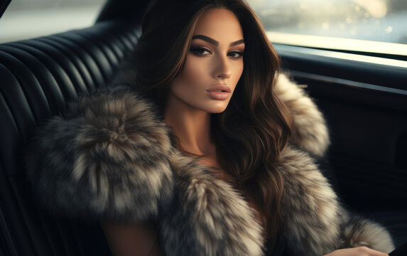 Beautiful woman sits in the seat of a car wearing a sable fur coat. Elegant luxury style