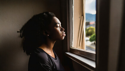 Afro woman peering out of the window, basking in the sun on her face in an atmosphere of depression, sadness, and anxiety - obrazy, fototapety, plakaty