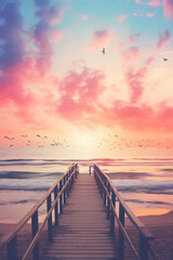 Fototapeta premium An illustration of soft pastel sunrise clouds and the sea. Generative AI. 