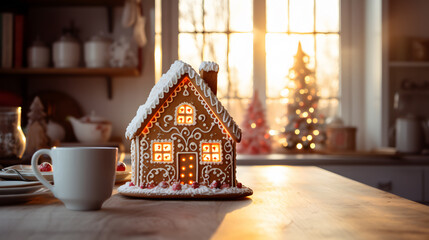 gingerbread house on a table with a Christmas atmosphere at the end of the year holidays