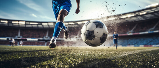 closeup of a soccer ball with a player about to hit it in the middle of an important game to win - obrazy, fototapety, plakaty