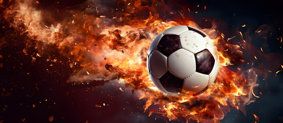 closeup of a soccer ball traveling at high speed bringing out fire about to score a goal