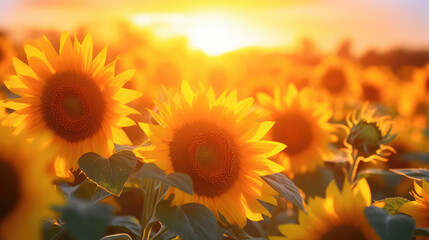 Obraz premium Wide field of sunflowers in summer sunset, panorama blur background. Autumn or summer sunflowers background. Shallow depth of field.