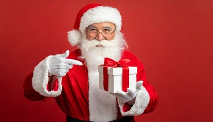 Christmas, tradition and celebration concept. christmas Photo of Santa Claus gloved hand with giftbox. Santa Claus With Gloved Hands Holding A Christmas Present	
