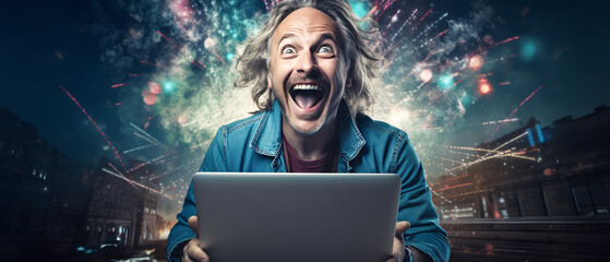 happy man using his laptop with a crazy look - copyspace