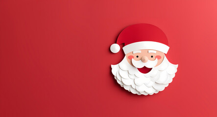 happy Santa Claus face made of cardboard on a red background - copyspace