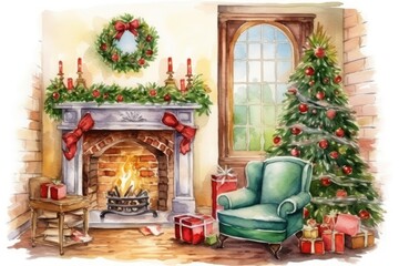 cosy room in warm yellow colours decorated for christmas with a fireplace, a chair, a christmas tree, big window and presents