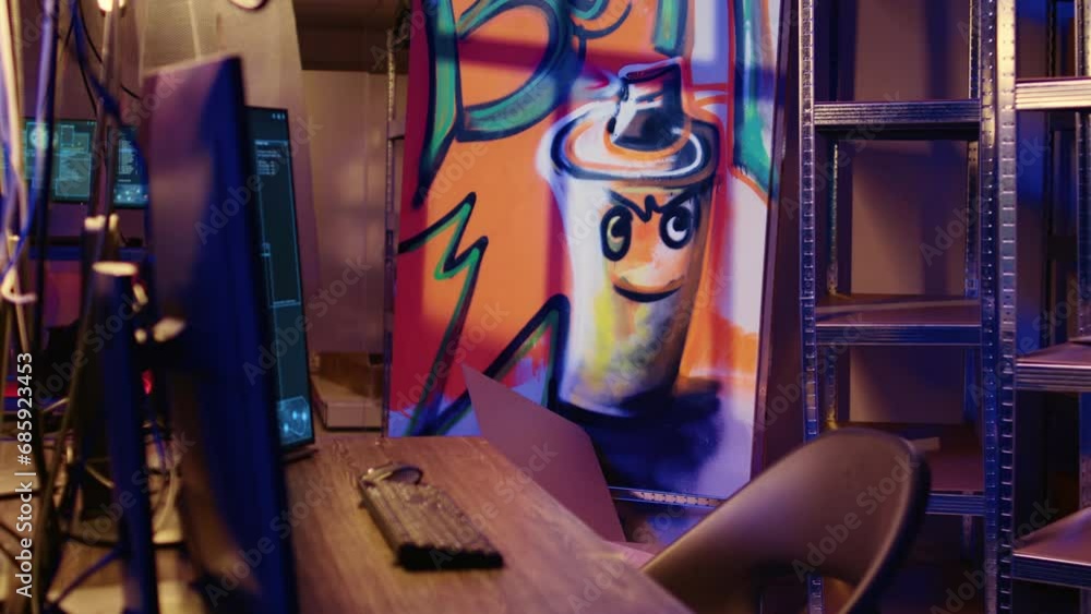 Poster zoom of shot of abandoned basement with graffiti drawings on walls and advanced technology computers