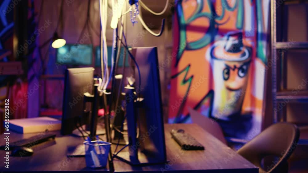 Poster empty neon illuminated basement with graffiti drawings on walls and advanced technology computers le