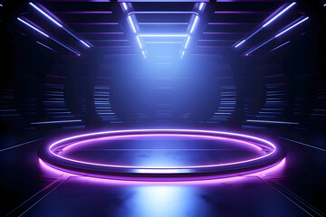 Futuristic neon light rings in a dark room with reflective floor, creating a sci-fi tunnel effect.