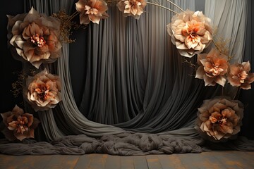 Maternity backdrop, wedding backdrop, photography background, maternity props, Light hoop weaved peach and charcoal flowers, elegant wall background, flowing white satin drape, backdrop, giant flowers