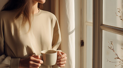 A woman holding a cup of coffee in the morning