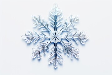 Macro photograph of a perfect snowflake on a white background