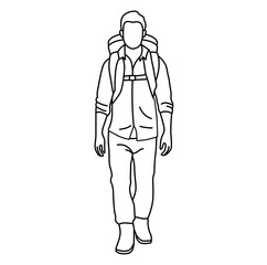 Fototapeta na wymiar man with backpack go hiking,, person people simple vector illustration, outline style, silhouette